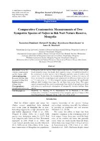 Comparative Craniometric Measurements of Two Sympatric Species of Vulpes in Ikh Nart Nature Reserve, Mongolia