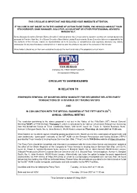 Tdm Berhad Circular to Shareholders in Relation To