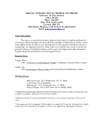 ARKY451 - INTRODUCTION to METHOD and THEORY Instructor: Dr