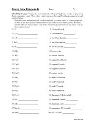 Binary Ionic Compounds Name: ______Per: ______