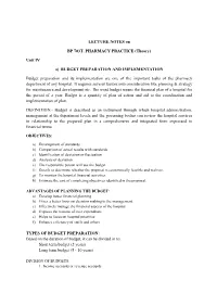 LECTURE NOTES on BP 703T. PHARMACY PRACTICE