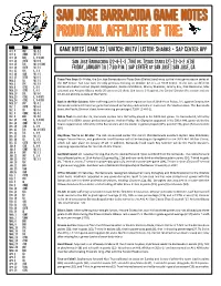 GAME NOTES | GAME 35 | WATCH: AHLTV | LISTEN: Sharks + Sap Center App Oct