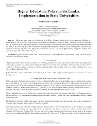 Higher Education Policy in Sri Lanka: Implementation in State Universities