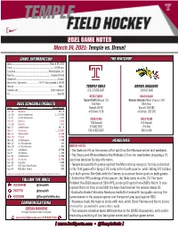 2021 GAME NOTES March 14, 2021: Temple Vs. Drexel