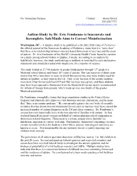 Autism Study by Dr. Eric Fombonne Is Inaccurate and Incomplete; Safeminds Aims to Correct Misinformation