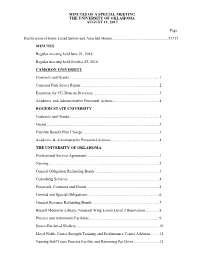 MINUTES of a SPECIAL MEETING the UNIVERSITY of OKLAHOMA AUGUST 11, 2017 Page Ratification of Items Listed Below and Attached He