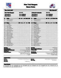 New York Rangers Game Notes