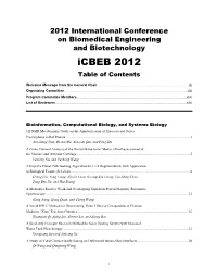 Icbeb 2012 Table of Contents