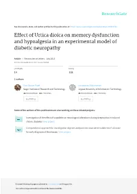 Effect of Urtica Dioica on Memory Dysfunction and Hypoalgesia in an Experimental Model of Diabetic Neuropathy