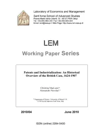 Patents and Industrialization: an Historical Overview of the British Case, 1624-1907