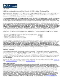 CBS Corporation Announces Final Results of CBS Outdoor Exchange Offer