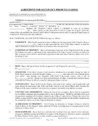 Agreement for Occupancy Prior to Closing
