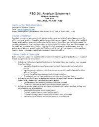 PSCI 201: American Government Wingate University Fall 2020 Mon., Wed., Fri
