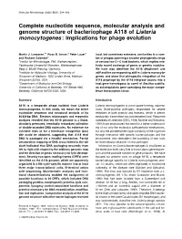 Complete Nucleotide Sequence, Molecular Analysis and Genome Structure of Bacteriophage A118 of Listeria Monocytogenes : Implications for Phage Evolution