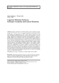 Laguerre Minimal Surfaces, Isotropic Geometry and Linear Elasticity