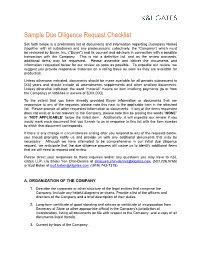 Sample Due Diligence Request Checklist