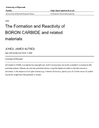 The Formation and Reactivity of I BORON CARBIDE and Related