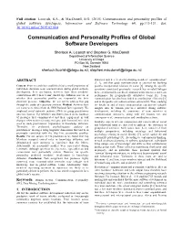 Communication and Personality Profiles of Global Software Developers, Information and Software Technology 64, Pp.113-131