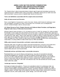 Awwa Ca/Nv Section Water Conservation Training and Certification Program “Need to Know” Criteria for Level 1