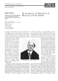 PERSPECTIVES in Memory of David A.A. Mossel (1918-2004)