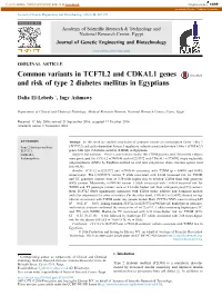 Common Variants in TCF7L2 and CDKAL1 Genes and Risk of Type 2 Diabetes Mellitus in Egyptians