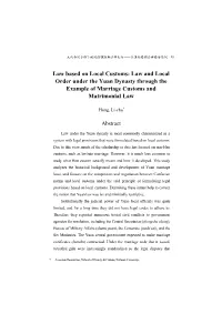 Law Based on Local Customs: Law and Local Order Under the Yuan Dynasty Through the Example of Marriage Customs and Matrimonial Law
