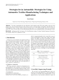 Strategies for Using Automotive Textiles-Manufacturing Techniques and Applications