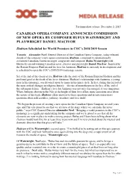 Canadian Opera Company Announces Commission of New Opera by Composer Rufus Wainwright and Playwright Daniel Macivor