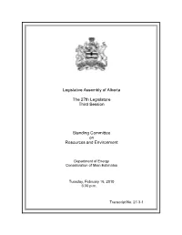 Legislative Assembly of Alberta the 27Th Legislature Third Session Standing Committee on Resources and Environment