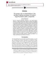 Articles the Proper Role of Shareholders in the Decision-Making Processes of Modern Large Australian Public Companies