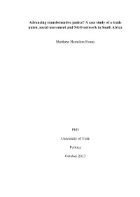 Advancing Transformative Justice? a Case Study of a Trade Union, Social Movement and NGO Network in South Africa