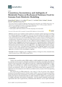 Consistency, Inconsistency, and Ambiguity of Metabolite Names in Biochemical Databases Used for Genome-Scale Metabolic Modelling