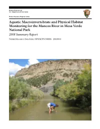 Aquatic Macroinvertebrate and Physical Habitat Monitoring for the Mancos River in Mesa Verde National Park 2008 Summary Report