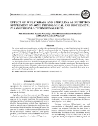 Effect of Wheatgrass and Spirulina As Nutrition Supplement on Some Physiological and Biochemical Parameters in Lactating Female Rats