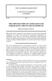 The Implied Term of Good Faith and Fair Dealing: Recent Developments
