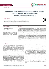 Standing Height and Its Estimation Utilizing Length of Hand Measurements of Kosovan Adolescents of Both Genders