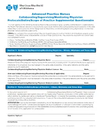 Advanced Practice Nurses Collaborating/Supervising/Monitoring Physician Protocols/Duties/Scope of Practice Supplemental Questionnaire