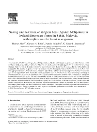 Nesting and Nest Trees of Stingless Bees (Apidae: Meliponini) in Lowland Dipterocarp Forests in Sabah, Malaysia, with Implicatio