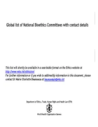 Global List of National Bioethics Committees with Contact Details