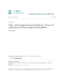 False Imprisonment and Arrest -- Powers of a Merchant to Detain Suspected Shoplifters Vance Barron Jr