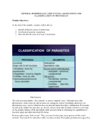 General Morphology, Life-Cycles, Adaptations and Classification of Protozoan