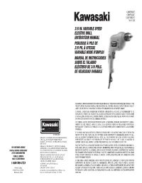 3/8 In. Variable Speed Electric Drill Instruction Manual