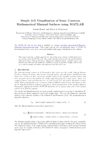 Simple 3-D Visualization of Some Common Mathematical Minimal Surfaces Using MATLAB