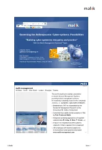 Building Cyber-Systemics Into Policy and Practice” with the Malik Management Systems® Tools