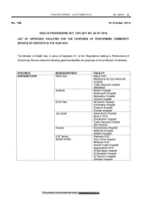 Health Professions Act: List of Approved Facilities for the Purposes of Performing Community Service by Dentists in the Year