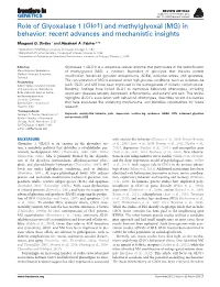 (Glo1) and Methylglyoxal (MG) in Behavior: Recent Advances and Mechanistic Insights