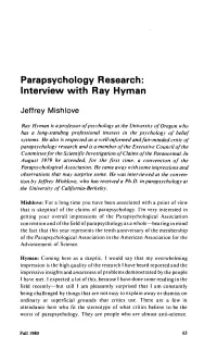 Parapsychology Research: Interview with Ray Hyman