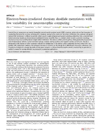Electron-Beam-Irradiated Rhenium Disulfide Memristors with Low