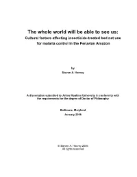 The Whole World Will Be Able to See Us: Cultural Factors Affecting Insecticide-Treated Bed Net Use for Malaria Control in the Peruvian Amazon