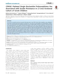 CDKAL1-Related Single Nucleotide Polymorphisms Are Associated with Insulin Resistance in a Cross-Sectional Cohort of Greek Children